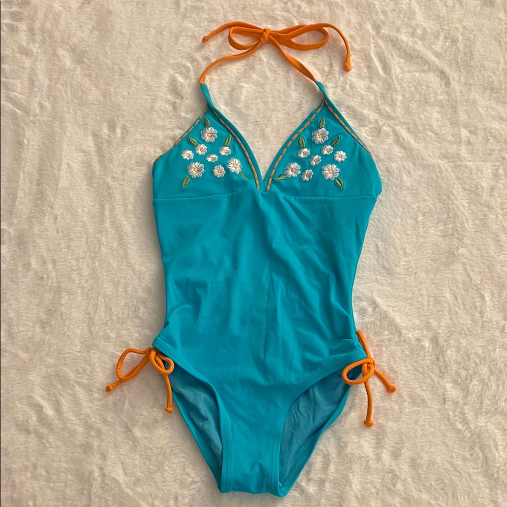 Gossip  Girls' Turquoise Floral Embroidered One-Piece Swimsuit accents in orange